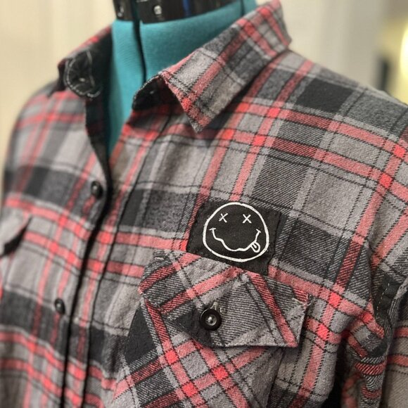 Nirvana Smiley Upcycled Flannel (Burnside) – XL Oversized Grunge Shacket - Picture 2 of 5